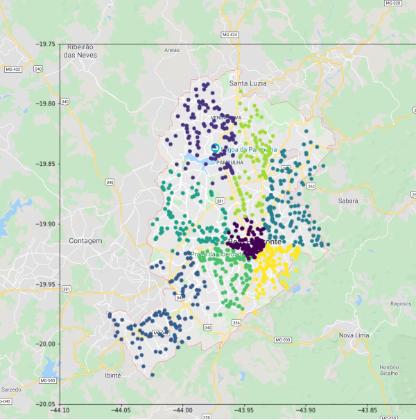 Map of Belo Horizonte with K-Means clusters overlaid, showing segmentation into geographic regions.